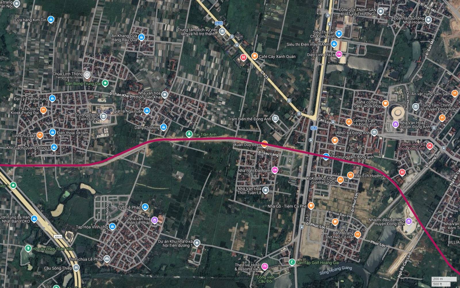 Lõi thị trấn Đông Anh nơi tuyến metro số 18 Hà Nội cắt trục Cao Lỗ ký hiệu Quốc lộ 3